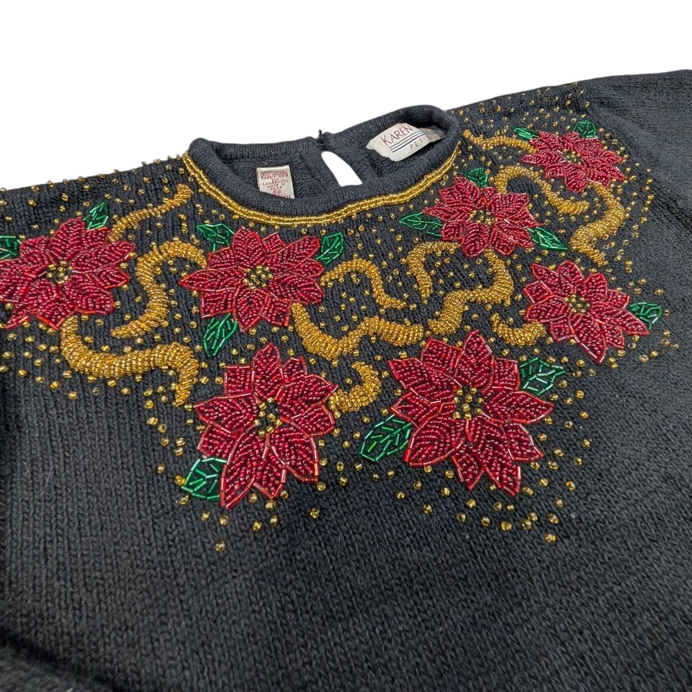 Vintage Karin Scott Petites beaded poinsettia Silk/Angora/Wool sweater. PMedium